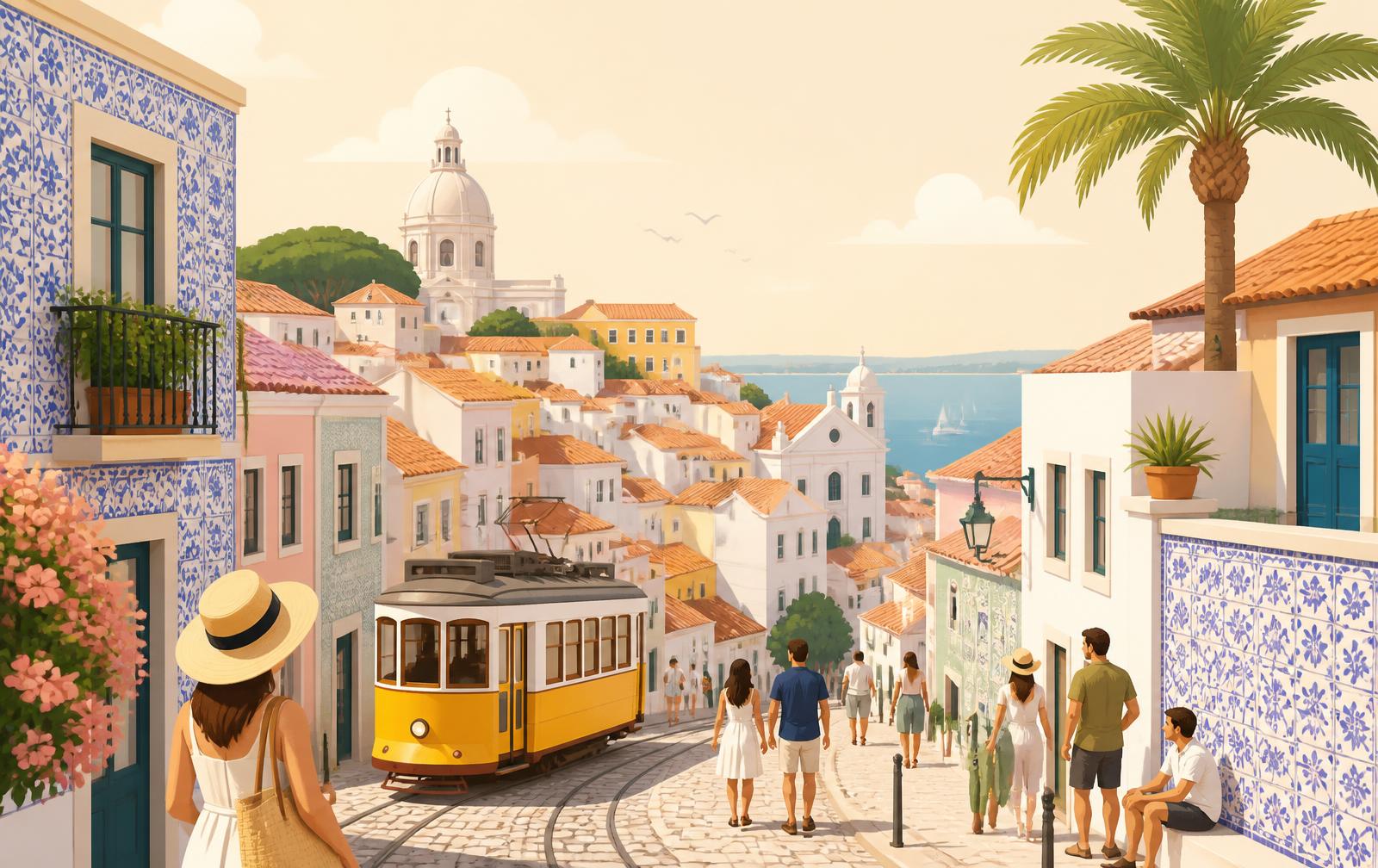Illustrated summer Lisbon: tiled facades, a yellow tram and people walking down to the river